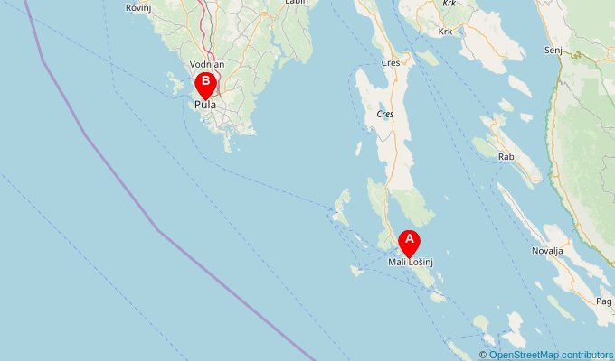 Map of ferry route between Mali Losinj and Pula
